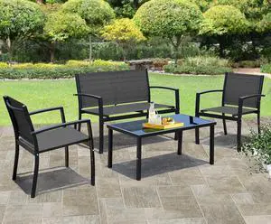 4 Pieces Patio Furniture Set Modern Conversation Set Outdoor Garden Patio Bistro Set with Glass Coffee Table for Home, Porch, Lawn (Black) 4 Pieces Patio Furniture Set Modern Conversation Set Outdoor Garden Patio Bistro Set with Glass Coffee Table for Home, Porch, Lawn (Black)