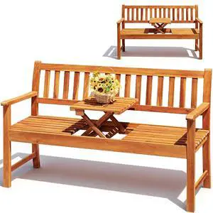 Outdoor Bench with Pull-Up Center Table, Acacia Wood Bench Folding Loveseat for 2 Person, Weather-Resistant Patio Seating for Garden, Backyard, Porch, Poolside, Log Brown Outdoor Bench with Pull-Up Center Table, Acacia Wood Bench Folding Loveseat for 2 Person, Weather-Resistant Patio Seating for Garden, Backyard, Porch, Poolside, Log Brown