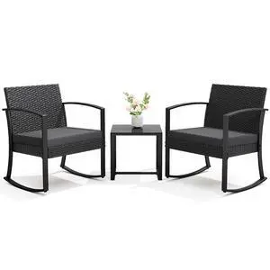 3 Piece Patio Rocking Chair Set Outdoor Patio Furniture Set with Coffee Table and Cushions for Balcony Porch Bistro (Grey) 3 Piece Patio Rocking Chair Set Outdoor Patio Furniture Set with Coffee Table and Cushions for Balcony Porch Bistro (Grey)