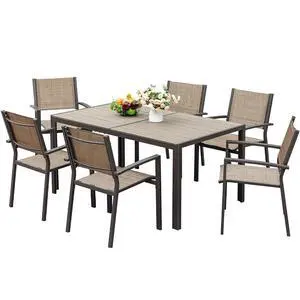 Outdoor Dining Set 7 Piece Patio Furniture Set with Weather Resistant Table and 6 Textilene Chairs for Yard, Deck and Poolside (Brown) Outdoor Dining Set 7 Piece Patio Furniture Set with Weather Resistant Table and 6 Textilene Chairs for Yard, Deck and Poolside (Brown)