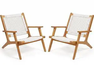 Patio Chairs, Adirondack Chairs Set of 2, Acacia Wood Outdoor Chairs with Woven Rope Seat for Porch, Poolside, Backyard, Beige Patio Chairs, Adirondack Chairs Set of 2, Acacia Wood Outdoor Chairs with Woven Rope Seat for Porch, Poolside, Backyard, Beige