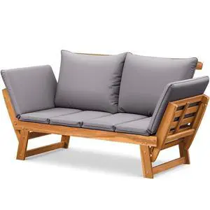 Outdoor Couch with Adjustable Armrests, Acacia Wood Patio Loveseat with Soft Cushions, Convertible Patio Furniture for Balcony, Porch, Backyard (Grey) Outdoor Couch with Adjustable Armrests, Acacia Wood Patio Loveseat with Soft Cushions, Convertible Patio Furniture for Balcony, Porch, Backyard (Grey)