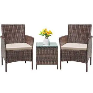 Patio Furniture Set 3 Pieces All-Weather Rattan Outdoor Furniture Patio Chairs with Tempered Glass Table for Porch Bistro Balcony (Brown/Cream) Patio Furniture Set 3 Pieces All-Weather Rattan Outdoor Furniture Patio Chairs with Tempered Glass Table for Porch Bistro Balcony (Brown/Cream)