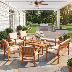 Patio Furniture Set 8 Pieces Acacia Wood Outdoor Furniture, Patio Set with Table & Cushions for Garden, Deck, Backyard, Natural Patio Furniture Set 8 Pieces Acacia Wood Outdoor Furniture, Patio Set with Table & Cushions for Garden, Deck, Backyard, Natural
