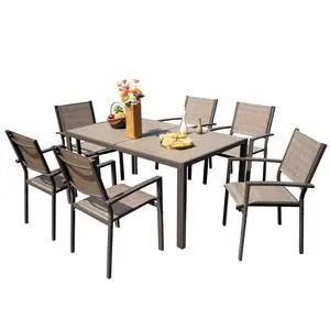 Patio Dining Set 7 Piece Outdoor Furniture with Rectangular Table and 6 Stackable Chairs Family Conversation Set for Garden Backyard Deck (Brown) Patio Dining Set 7 Piece Outdoor Furniture with Rectangular Table and 6 Stackable Chairs Family Conversation Set for Garden Backyard Deck (Brown)