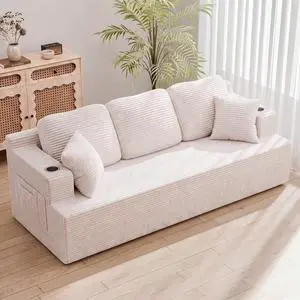87 Boneless Sofa Couch with 2 Pillows Extra Deep Seats, Corduroy Fabric 3 Seater with Cup Holder & Storage Pocket Upholstered Floor Easy Installation (White, 3 Seater) 87 Boneless Sofa Couch with 2 Pillows Extra Deep Seats, Corduroy Fabric 3 Seater with Cup Holder & Storage Pocket Upholstered Floor Easy Installation (White, 3 Seater)