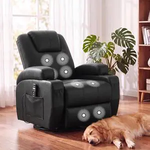 Recliner Chair, 360° Swivel Rocker Chair for Adults, Rocking Recliner Chair with Massage, Comfy Single Sofa with Side Pockets Cup Holders for Living Room, Bedroom, Nursery (Leather, Black) Recliner Chair, 360° Swivel Rocker Chair for Adults, Rocking Recliner Chair with Massage, Comfy Single Sofa with Side Pockets Cup Holders for Living Room, Bedroom, Nursery (Leather, Black)