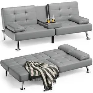 Faux Leather Futon Sofa Bed Futon Couch with Removable Armrests Adjustable Sleeper Sofa Bed with 2 Cup Holders for Living Room (PU Leather, Grey) Faux Leather Futon Sofa Bed Futon Couch with Removable Armrests Adjustable Sleeper Sofa Bed with 2 Cup Holders for Living Room (PU Leather, Grey)