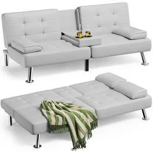 Faux Leather Futon Sofa Bed Futon Couch with Removable Armrests Adjustable Sleeper Sofa Bed with 2 Cup Holders for Living Room (PU Leather, White) Faux Leather Futon Sofa Bed Futon Couch with Removable Armrests Adjustable Sleeper Sofa Bed with 2 Cup Holders for Living Room (PU Leather, White)