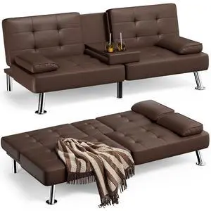 Faux Leather Futon Sofa Bed Futon Couch with Removable Armrests Adjustable Sleeper Sofa Bed with 2 Cup Holders for Living Room (PU Leather, Brown) Faux Leather Futon Sofa Bed Futon Couch with Removable Armrests Adjustable Sleeper Sofa Bed with 2 Cup Holders for Living Room (PU Leather, Brown)