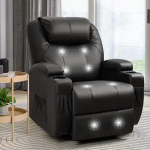 Rocker Recliner Chair with Massage for Elderly, Leather Adjustable 360°Swivel Rocking Sofa for Living Room with Remote Control, Cup Holders (Black) Rocker Recliner Chair with Massage for Elderly, Leather Adjustable 360°Swivel Rocking Sofa for Living Room with Remote Control, Cup Holders (Black)