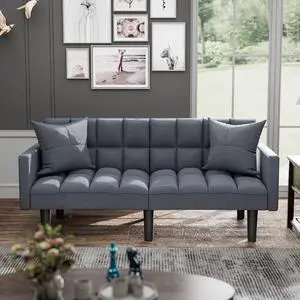 Modern Tuft Futon Sofa Bed Couch Convertible Loveseat Sleeper Reclining Futon Twin Size with Arms and 2 Pillows for Living Room (Blue) Modern Tuft Futon Sofa Bed Couch Convertible Loveseat Sleeper Reclining Futon Twin Size with Arms and 2 Pillows for Living Room (Blue)