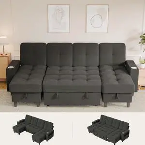 108" Sectional Couch Modular Sofa Bed with Storage Chaise, Pull Out Couch with Cup Holder, USB Charging & LED Lighting, Comfy U-Shaped Chenille Couch for Living Room, Apartment (Grey, Sleeper Sofa-1) 108" Sectional Couch Modular Sofa Bed with Storage Chaise, Pull Out Couch with Cup Holder, USB Charging & LED Lighting, Comfy U-Shaped Chenille Couch for Living Room, Apartment (Grey, Sleeper Sofa-1)