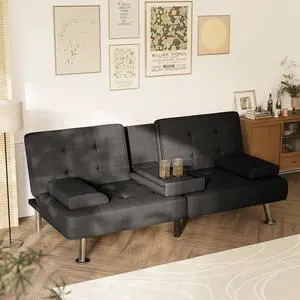 Futon Sofa Bed, Futon Couch with Removable Armrests, Adjustable Recliner Sleeper Sofa Bed with Dual Cup Holders for Living Room, Apartment, Office (Fabric, Black) Futon Sofa Bed, Futon Couch with Removable Armrests, Adjustable Recliner Sleeper Sofa Bed with Dual Cup Holders for Living Room, Apartment, Office (Fabric, Black)