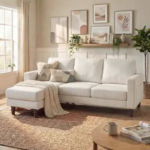 Sectional Couch with Movable Ottoman, Convertible L Shaped Sofa with Side Storage Pocket, 3 Seater Linen Couches for Living Room, Apartment & Office (White, Linen Fabric) Sectional Couch with Movable Ottoman, Convertible L Shaped Sofa with Side Storage Pocket, 3 Seater Linen Couches for Living Room, Apartment & Office (White, Linen Fabric)