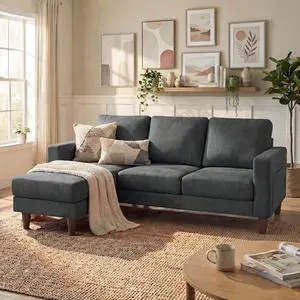 Sectional Couch with Movable Ottoman, Convertible L Shaped Sofa with Side Storage Pocket, 3 Seater Linen Couches for Living Room, Apartment & Office (Dark Gray, Linen Fabric) Sectional Couch with Movable Ottoman, Convertible L Shaped Sofa with Side Storage Pocket, 3 Seater Linen Couches for Living Room, Apartment & Office (Dark Gray, Linen Fabric)