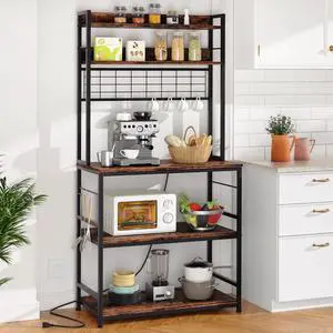 Kitchen Bakers Rack,Kitchen Racks with Storage Cabinet, 5-Tier with 10 Hooks and Metal Wire Panel (Rustic Brown) Kitchen Bakers Rack,Kitchen Racks with Storage Cabinet, 5-Tier with 10 Hooks and Metal Wire Panel (Rustic Brown)