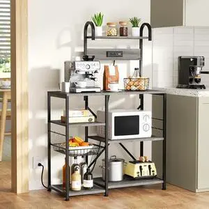 Kitchen Storage Shelf with 6 Hooks, Bakers Rack with Power Outlet,6 Tier Kitchen Rack for Living Room,Coffee Bar Station with Wire Basket,Gray Kitchen Storage Shelf with 6 Hooks, Bakers Rack with Power Outlet,6 Tier Kitchen Rack for Living Room,Coffee Bar Station with Wire Basket,Gray