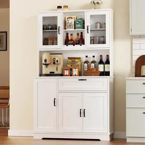 Kitchen Pantry Cabinet, Farmhouse Kitchen Hutch Tall Storage Cabinet with Doors and Shelves, Modern Food Pantry for Dining Room, White Kitchen Pantry Cabinet, Farmhouse Kitchen Hutch Tall Storage Cabinet with Doors and Shelves, Modern Food Pantry for Dining Room, White