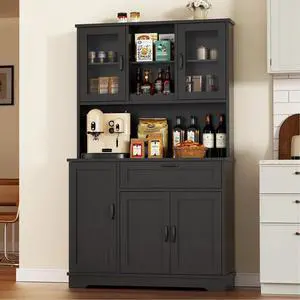 Tall Pantry Cabinet, Kitchen Storage Cabinet with Display Door,Farmhouse Kitchen Hutch with Adjustable Shelves for Dining Room, Black Tall Pantry Cabinet, Kitchen Storage Cabinet with Display Door,Farmhouse Kitchen Hutch with Adjustable Shelves for Dining Room, Black