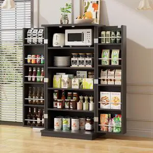 Pantry Cabinet, 47in Wooden Kitchen Storage Pantry Cabinet, Freestanding Storage Cabinets with 2 Doors, Adjustable Shelves, Black Pantry Cabinet, 47in Wooden Kitchen Storage Pantry Cabinet, Freestanding Storage Cabinets with 2 Doors, Adjustable Shelves, Black