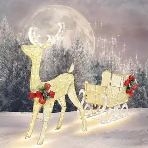 4FT Lighted Christmas Reindeer & Sleigh Outdoor Yard Decoration Set W/ 205 LED Lights & 8 Ground Stakes, Zip Ties, Artificial Xmas Lighted Holiday Decor for Indoor and Outdoor(Gold) 4FT Lighted Christmas Reindeer & Sleigh Outdoor Yard Decoration Set W/ 205 LED Lights & 8 Ground Stakes, Zip Ties, Artificial Xmas Lighted Holiday Decor for Indoor and Outdoor(Gold)