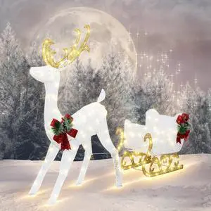 4FT Lighted Christmas Reindeer & Sleigh Outdoor Yard Decoration Set W/ 205 LED Lights & 8 Ground Stakes, Zip Ties, Artificial Xmas Lighted Holiday Decor for Indoor and Outdoor(White) 4FT Lighted Christmas Reindeer & Sleigh Outdoor Yard Decoration Set W/ 205 LED Lights & 8 Ground Stakes, Zip Ties, Artificial Xmas Lighted Holiday Decor for Indoor and Outdoor(White)