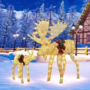 2-Piece 3D Lighted Christmas Reindeer Family, Pre-Lit Gold Christmas Decor Deer with 170 Warm White LED Lights, Outdoor/Indoor Festive Holiday Decoration for Yard Patio Lawn Garden Party 2-Piece 3D Lighted Christmas Reindeer Family, Pre-Lit Gold Christmas Decor Deer with 170 Warm White LED Lights, Outdoor/Indoor Festive Holiday Decoration for Yard Patio Lawn Garden Party