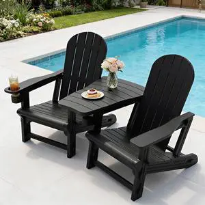 Adirondack Chairs Set of 2 with Removable Tabletop, Outdoor HDPE Plastic Fire Pit Chair Set with Wooden Textured, Cup Holder for Patio, Poolside, Deck, Garden, Black, 3 Pieces Adirondack Chairs Set of 2 with Removable Tabletop, Outdoor HDPE Plastic Fire Pit Chair Set with Wooden Textured, Cup Holder for Patio, Poolside, Deck, Garden, Black, 3 Pieces