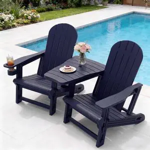 Adirondack Chairs Set of 2 with Removable Tabletop, Outdoor HDPE Plastic Fire Pit Chair Set with Wooden Textured, Cup Holder for Patio, Poolside, Deck, Garden, Dark Blue, 3 Pieces Adirondack Chairs Set of 2 with Removable Tabletop, Outdoor HDPE Plastic Fire Pit Chair Set with Wooden Textured, Cup Holder for Patio, Poolside, Deck, Garden, Dark Blue, 3 Pieces