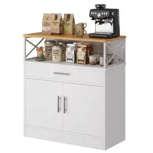 Coffee Bar Cabinet, Farmhouse Kitchen Storage Cabinet with Adjustable Shelf, 31 Modern Sideboard Buffet Table for Kitchen, Dining Room, White Coffee Bar Cabinet, Farmhouse Kitchen Storage Cabinet with Adjustable Shelf, 31 Modern Sideboard Buffet Table for Kitchen, Dining Room, White