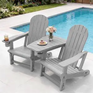 Adirondack Chairs Set of 2 with Removable Tabletop, Outdoor HDPE Plastic Fire Pit Chair Set with Wooden Textured, Cup Holder for Patio, Poolside, Deck, Garden, Light Grey, 3 Pieces Adirondack Chairs Set of 2 with Removable Tabletop, Outdoor HDPE Plastic Fire Pit Chair Set with Wooden Textured, Cup Holder for Patio, Poolside, Deck, Garden, Light Grey, 3 Pieces