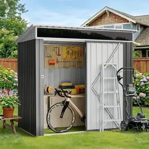 6x4 FT Outdoor Storage Shed, Metal Lean to Shed with Window and Lockable Door, All-Weather Graden Tool Shed for Backyard Garden Patio Lawn, Dark Grey 6x4 FT Outdoor Storage Shed, Metal Lean to Shed with Window and Lockable Door, All-Weather Graden Tool Shed for Backyard Garden Patio Lawn, Dark Grey