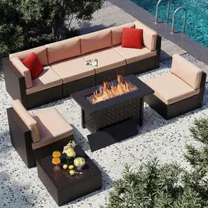 8 Pieces Patio Furniture Set with 43" Fire Pit, Outdoor Couch Sectional Set, Small Conversation Set, 50,000 BTU Gas Fire Pit Propane Fire Table with Lid, Beige 8 Pieces Patio Furniture Set with 43" Fire Pit, Outdoor Couch Sectional Set, Small Conversation Set, 50,000 BTU Gas Fire Pit Propane Fire Table with Lid, Beige