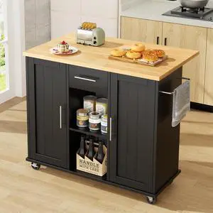 JY QAQA 42" Kitchen Island with Storage on Wheels, Rolling Table with Drop Leaf, Drawers, Cart Handle for Towel Rack or Free Movement, Black JY QAQA 42" Kitchen Island with Storage on Wheels, Rolling Table with Drop Leaf, Drawers, Cart Handle for Towel Rack or Free Movement, Black