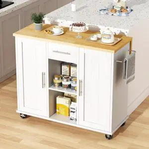 JY QAQA 42" Kitchen Island with Storage on Wheels, Rolling Table with Drop Leaf, Drawers, Cart Handle for Towel Rack or Free Movement, White JY QAQA 42" Kitchen Island with Storage on Wheels, Rolling Table with Drop Leaf, Drawers, Cart Handle for Towel Rack or Free Movement, White