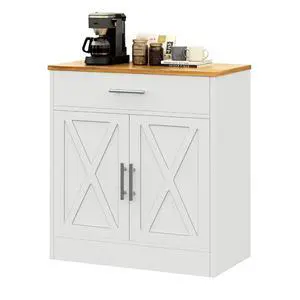 Farmhouse Coffee Bar Cabinet, Small Sideboard Buffet with Storage, Modern Kitchen Storage Cabinet with 1 Drawer and 2 Doors for Kitchen, Dining Room, White Farmhouse Coffee Bar Cabinet, Small Sideboard Buffet with Storage, Modern Kitchen Storage Cabinet with 1 Drawer and 2 Doors for Kitchen, Dining Room, White