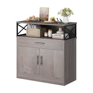 Farmhouse Coffee Bar Cabinet, Modern Sideboard Buffet Table with Adjustable Shelf, Storage Cabinet for Kitchen, Dining Room, Ash Grey Farmhouse Coffee Bar Cabinet, Modern Sideboard Buffet Table with Adjustable Shelf, Storage Cabinet for Kitchen, Dining Room, Ash Grey