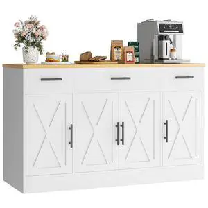 Buffet Cabinet with Storage, Farmhouse Coffee Bar Cabinet with Drawers, 53 Large Modern Sideboard Buffet with Adjustable Shelves for Kitchen, Dining Room, White Buffet Cabinet with Storage, Farmhouse Coffee Bar Cabinet with Drawers, 53 Large Modern Sideboard Buffet with Adjustable Shelves for Kitchen, Dining Room, White
