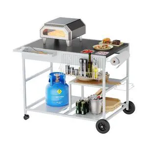 Pizza Oven Cart with Topping Station, Outdoor Grill Table Kitchen Island with Storage for Ninja Woodfire Blackstone Griddle Cuisinart etc Grill, Silver Pizza Oven Cart with Topping Station, Outdoor Grill Table Kitchen Island with Storage for Ninja Woodfire Blackstone Griddle Cuisinart etc Grill, Silver
