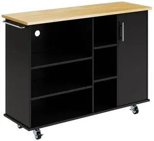 Kitchen Island on Wheels with 6 Open Shelves and 1 Storage Cabinet(Black) Kitchen Island on Wheels with 6 Open Shelves and 1 Storage Cabinet(Black)