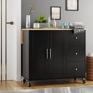 Kitchen Island on Wheels with Storage Cabinet & 3 Drawers, 39.7" Width Rolling Kitchen Table, Cart Handle for Towel Rack or Free Mobility, Drop Leaf, Portable Islands for Kitchen(Black) Kitchen Island on Wheels with Storage Cabinet & 3 Drawers, 39.7" Width Rolling Kitchen Table, Cart Handle for Towel Rack or Free Mobility, Drop Leaf, Portable Islands for Kitchen(Black)