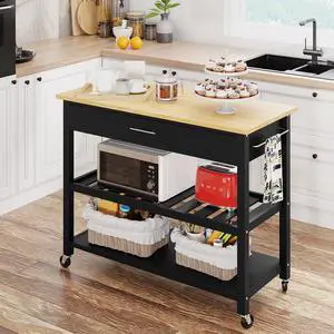 Kitchen Island on Wheels with Storage Cabinet, 3 Tier Rolling Cart with Drawers and Rubber Wood Top, 2 Shelves &Towel Rack, Mobile Island Table for Kitchen, Dining Room (Black) Kitchen Island on Wheels with Storage Cabinet, 3 Tier Rolling Cart with Drawers and Rubber Wood Top, 2 Shelves &Towel Rack, Mobile Island Table for Kitchen, Dining Room (Black)