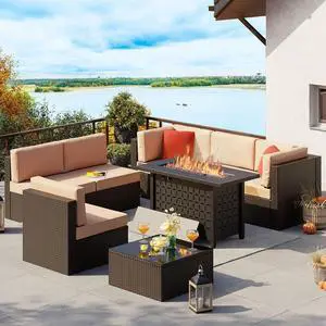 8 Piece Patio Furniture Set with Propane Fire Pit, Outdoor Conversation Sets Wicker Sectional Sofa with Coffee Table, 43 Gas Gas Firepit Table 50,000 BTU for Outside, Patio, Beige 8 Piece Patio Furniture Set with Propane Fire Pit, Outdoor Conversation Sets Wicker Sectional Sofa with Coffee Table, 43 Gas Gas Firepit Table 50,000 BTU for Outside, Patio, Beige