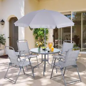 6 Pieces Folding Patio Dining Set, All Weather Small Metal Outdoor Table and Chair Set, Garden Patio Furniture Set w/Umbrella, Glass Table & 4 Folding Chairs for Lawn, Backyard, Silver 6 Pieces Folding Patio Dining Set, All Weather Small Metal Outdoor Table and Chair Set, Garden Patio Furniture Set w/Umbrella, Glass Table & 4 Folding Chairs for Lawn, Backyard, Silver