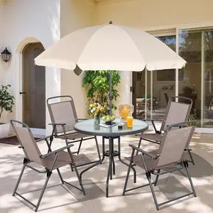 6 Pieces Folding Patio Dining Set, All Weather Small Metal Outdoor Table and Chairs Set, Patio Furniture Set w/Umbrella, Glass Table & 4 Folding Chairs for Garden, Lawn, Backyard, Brown 6 Pieces Folding Patio Dining Set, All Weather Small Metal Outdoor Table and Chairs Set, Patio Furniture Set w/Umbrella, Glass Table & 4 Folding Chairs for Garden, Lawn, Backyard, Brown