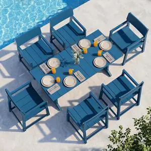 7 Pieces Patio Dining Set, All Weather Outdoor HDPE Dining Furniture Set with Table and Chairs for 6, Patio Furniture Set with Umbrella Hole for Lawn, Backyard, Poolside, Blue 7 Pieces Patio Dining Set, All Weather Outdoor HDPE Dining Furniture Set with Table and Chairs for 6, Patio Furniture Set with Umbrella Hole for Lawn, Backyard, Poolside, Blue