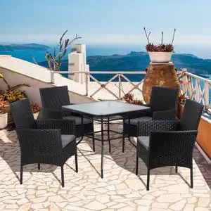 Outdoor Patio Furniture 5-Piece Indoor Outdoor Wicker Dining Set, Square Tempered Glass Top Table with Umbrella Hole and 4 Chair Set, Black Outdoor Patio Furniture 5-Piece Indoor Outdoor Wicker Dining Set, Square Tempered Glass Top Table with Umbrella Hole and 4 Chair Set, Black
