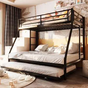 Twin Over Full Bunk Beds with Trundle, Heavy Duty Metal Triple Bunk Bed Frame, 3 Beds Space Saving Bunk Bed with Guardrails & Ladder, No Box Spring Needed, for Kids Teens Adults Bedroom, Black Twin Over Full Bunk Beds with Trundle, Heavy Duty Metal Triple Bunk Bed Frame, 3 Beds Space Saving Bunk Bed with Guardrails & Ladder, No Box Spring Needed, for Kids Teens Adults Bedroom, Black