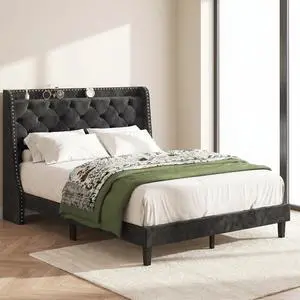 Queen Bed Frame with Storage Headboard, Velvet Upholstered Platform Bed Frame with Wingback Tufted Headboard, Noise Free Wood Slat Support, No Box Spring Needed, Easy Assembly, Black Queen Bed Frame with Storage Headboard, Velvet Upholstered Platform Bed Frame with Wingback Tufted Headboard, Noise Free Wood Slat Support, No Box Spring Needed, Easy Assembly, Black
